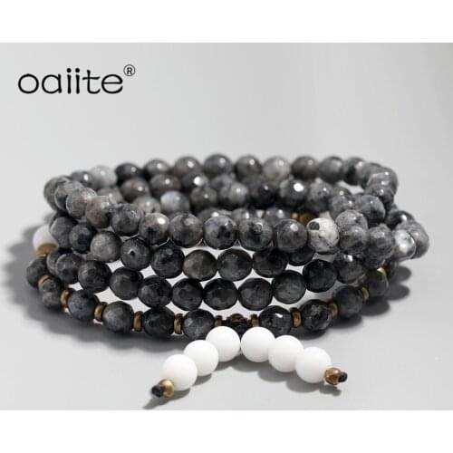 OAIITE 108 Mala Bracelet 6MM Black Spectrolite Beads Bracelet Bangles Multilayer Bracelet Men Women Jewelry
