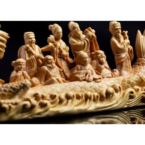 Boxwood 21cm Eight Gods Dragon Boat Sculpture Wood Carving Chinese Eight Immortals Crossing Sea Collection Statue Home Decor