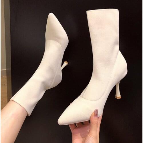 High-Heeled Shoes Knitted Socks Boots Thin Heeled Mid-Tube Short Boots Pointed Boots Thin Boots Elastic Socks Boots Women