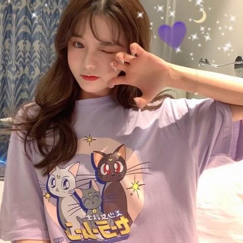 NEW Women Cute Moon Anime Print Top 5 Color Japanese Luna Cat Harajuku Kawaii Short Sleeve Loose T-Shirt Maiden Simple Tee Tops