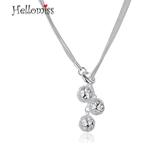 Silver Necklaces 925 for Women Three Layer Hollow Ball Pendant Necklace Long Chain Choker Vintage Costume Jewelry Collier Femme