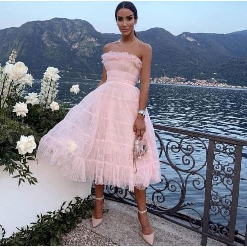 Formal Pink Tulle Dresses Slash Neck Strapless Ruffles Knee Length Ruffles Plus Size Maxi Women Dressing Gowns Party