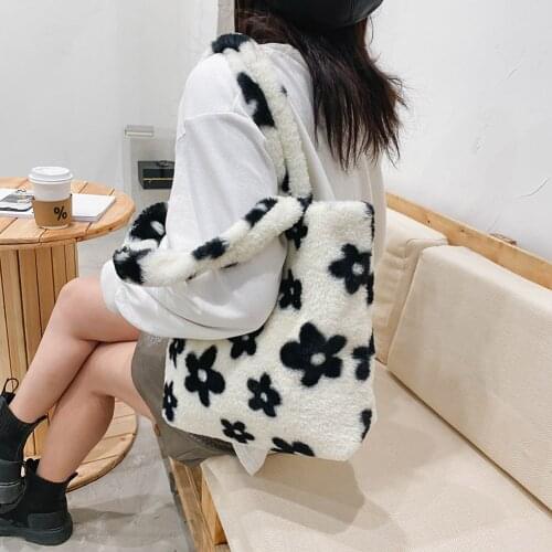 2021 INS Fashion Women Flower Pattern Shoulder Bags Female Winter Plush Underarm Bags Faux Fur Handbag Furry Fluffy Tote Bags