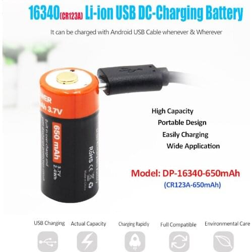4PCS 650mAh 16340 Rechargeable 3.7V Li ion 16340 Batteries CR123A Battery For LED Flashlight 16340 CR123A Battery