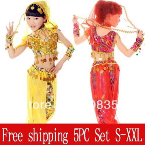 Childrens Day Indian Dance Clothes National Dancing Performance Wear Girls Belly Dance Veil Belt Top+Pants 5pc Set