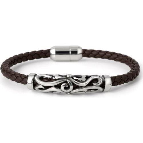 New Hot Fashion Punk Style Vintage Totem Elegant Genuine Leather Bracelet Men Handmade Jewelry Stainless Steel Male Gift