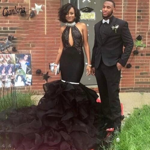 Black Halter Backless Nigerian African Long Mermaid Evening Dress Sleeveless Appliques Ruffles Formal Evening Party Dresses