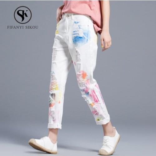 High waist jeans women Fashion Painted Print Harem Pants Loose Washed Straight Jeans Womens Plus size Casual Denim Trousers Tide