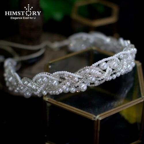 Himstory Crystal Pearl Headband Tiara Roled Beads Headpiece Crown Women Girl Hairbands Brides Wedding Hair Accessories