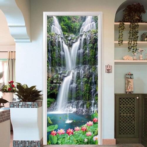 Hot Free Shipping Wholesales Door Sticker Lotus Pond Under Waterfall Door Picture Mural Sickers Photo Wallpaper Poster