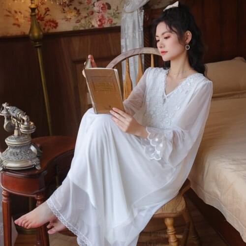 MeetLife Elegant Nightwear V-Neck Vintage Victorian Princess Nightgown Sleepwear Women Lace Jacquard Modal Nightdress Wedding