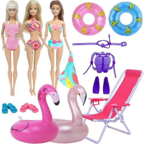 Cute Doll Swimwear Lifebuoy Swimming Rings Swimsuits Bikini Slipper Chair Beach Bathing Clothes for Barbie Doll Accessories Toy