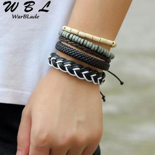 WBL Fashion Genuine Leather Bracelets 5pc/Set Multilayer Charm Wood Beads Bracelet Bangle Punk Wrap Wristband For Men Women