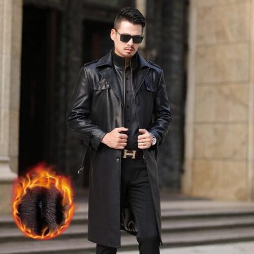 Leather Jacket Men X-Long Thick Trench Coat Classick Turn Collar Autumn Winter Fashion Casual Overcoat Faux Leather Coats Men