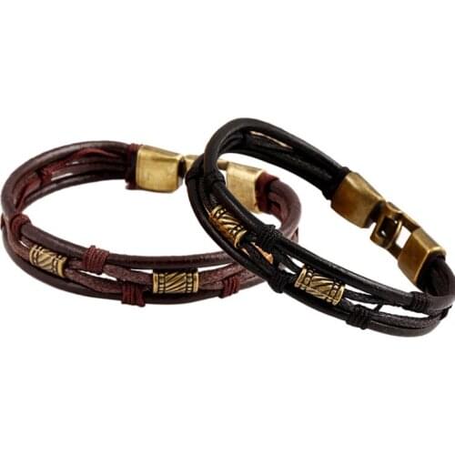 Women Men Bangle Wristband Armband Braslet Men Vintage Alloy Leather Bracelets in Brown Male Jewelry 8.85 inch X3