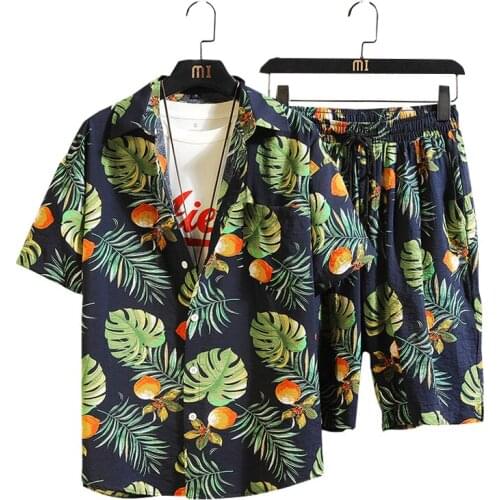 Men Hawaiian Print Shirt Sets 2021 Summer Short Sleeve Men Button Casual Floral Shirt Suit Coconut Daily Beach Shorts 2-piece