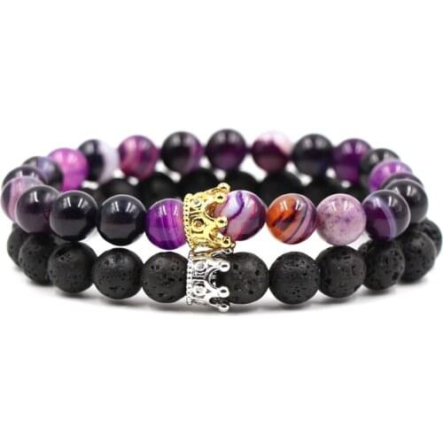 Zircon Paved Crown Bracelet Set 8mm Colorful Beads & Black Lava Stone DIY Arom Essential Oil Diffuser Prayer Bracelet Jewelry