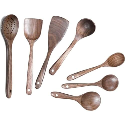 7 Pcs Wooden Kitchen Cooking Utensil Set,Wooden Soup Ladle,Black Walnut Wooden Spoons Spatula for Cooking,Mixing Spoon