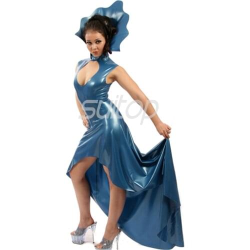 Latex Rubber mermaid Dress sexy club long dresses longuette blue color eveningwear evening clothes