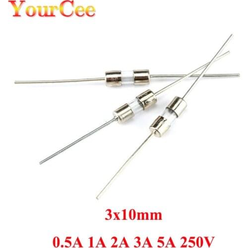 50pcs/lot Glass Tube Fuse Fast Break With Pin Wire 3x10mm 0.5A 1A 2A 3A 5A 250V