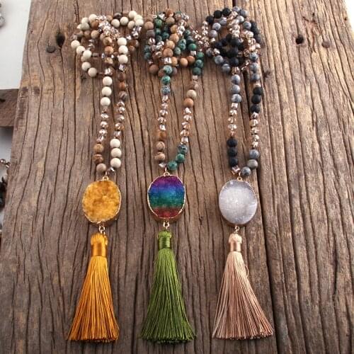 RH Fashion Bohemian Jewelry Natural Stones Crystal Knotted Druzy Stone Tassel Necklaces Women Boho Gift Drop Shipping