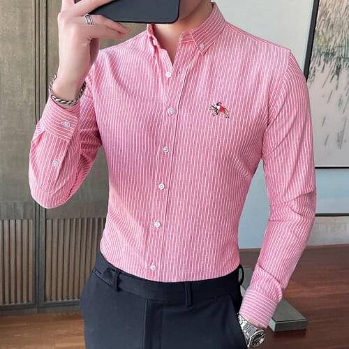 Plus Size 5XL-M Summer Long Sleeve Striped Shirts For Men Clothing 2021 Simple Slim Fit Business Casual Embroidery Chemise Homme