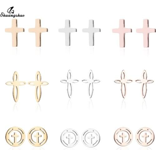 Shuangshuo Christmas Cross Earrings Stainless Steel Stud Earrings for Women Fashion Jewelry Mini Cross oorbellen New Year Gifts