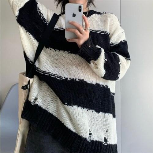 Loose Outwear Lazy Vintage O Neck Long Sleeve Striped Ripped Sweater Pullovers Casual Street Hole Knitted Shirt Top Pull Femme