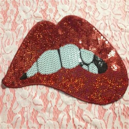 Iron on patches for clothing T shirt Women 25cm Lips Red Sequined Sequins T-shirt Womens Fashion Tops Shirt Girls Patch Clothes