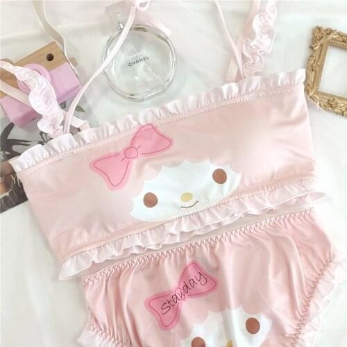 Wriufred Cute cartoon printed milk silk tube top bra set no steel ring comfortable breathable girl underwear home wear lingerie