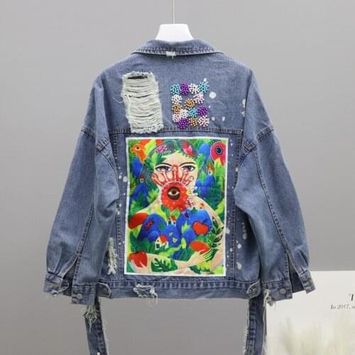 2020 New Women Denim Jackets Pearl Beading Jeans Coat Sequins Hole Patchwork Jean Jacket Long Sleeve Vintage Casual Outwear P938