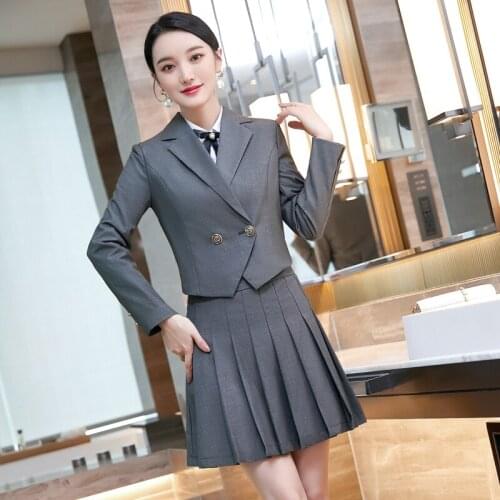 Elegant Grey Formal Professional Women Business Suits with Skirt and Tops OL Styles Spring Autumn Career Blazers Set