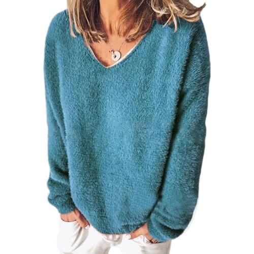 Women Autumn Sweater Casual Soft Plush Warm V Neck Long Sleeves Pullovers Fashion Solid Color Ladies Loose Sweater