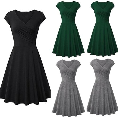 WomenS Dress Summer Simple And Versatile Pure Color Casual V-Neck Pocket Short-Sleeved Pleated Umbrella Dress платье летнее 50
