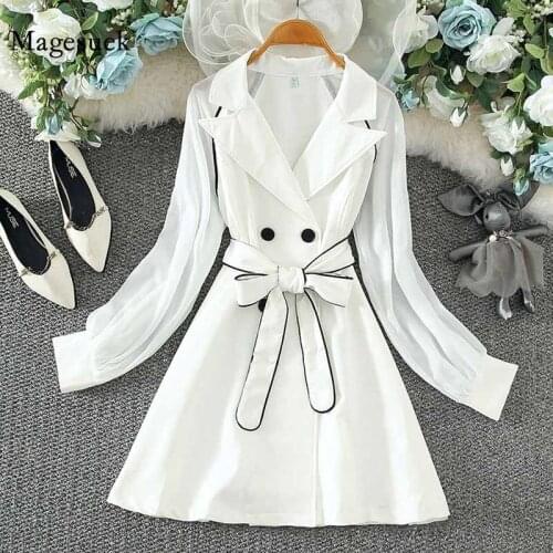 French Fashion Autumn 2020 Suit Collar Chiffon Cuff Stitching Lady Dress Chic Sashes High Waist A-line Button Solid Dress 12067