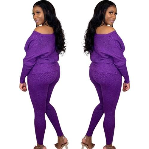 Winter Casual Knit Two Pieces Outfit Women Pullover O Neck Lantern Long Sleeve Skinny Pants Pajamas Suits Winter Sweater Clothes