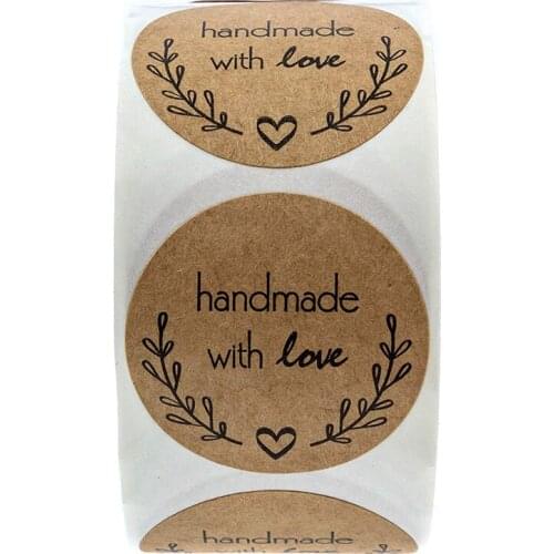 1 Inch Round Natural Kraft Olive Branch Handmade With Love Stickers / 500 Labels Per Roll