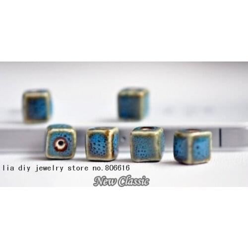 10MM 100Pcs Vintage Blue Square China Ceramic Loose Beads Porcelain Jewelry Findings