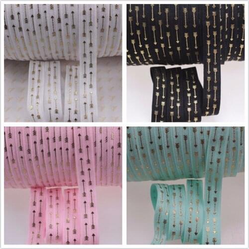 5 colors 5/8" Fold Over Elastic Printed Gold Metallic Foil Arrow, 50yards per lot, Custom Printing FOE is Welcomed