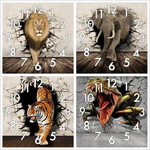 Dpsprue Full Diamond Painting Cross Stitch With Clock Mechanism Mosaic 5D Diy Square Round Tiger Lion 3d Embroidery Gift HG212