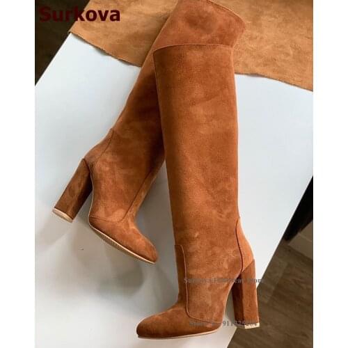 Surkova Brown Suede Chunky Heel Knee Boots Pointed Toe Zipped Dress Shoes Women Fall Winter Long Boots Footwear Size34-52