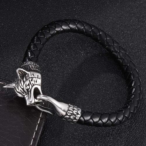 Punk Leather Braided Bracelet Men Jewelry Wolf Head Stainless Steel Easy-Hook Woven Leather Black/Brown Bracelets Pulsera Gifts