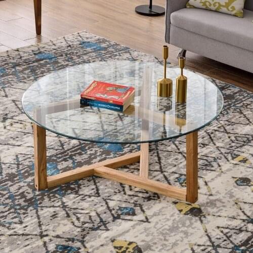 Round Glass Coffee Table Modern Cocktail Table Easy Assembly Sofa Table With Tempered Glass Top Sturdy Wood Base For Living Room