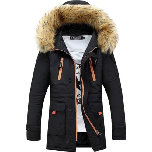 Fashion mens down cotton hooded jacket Autumn Winter men long Thick fur collar coat Couple Solid color slim warm Parkas outwear