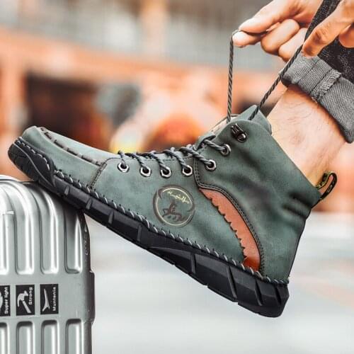 Fashion Mens Boots Handmade Mens Ankle Boots Autumn Winter Mens Motorcycle Boots Outdoor Men Short Boots Lace-up Mens Shoes