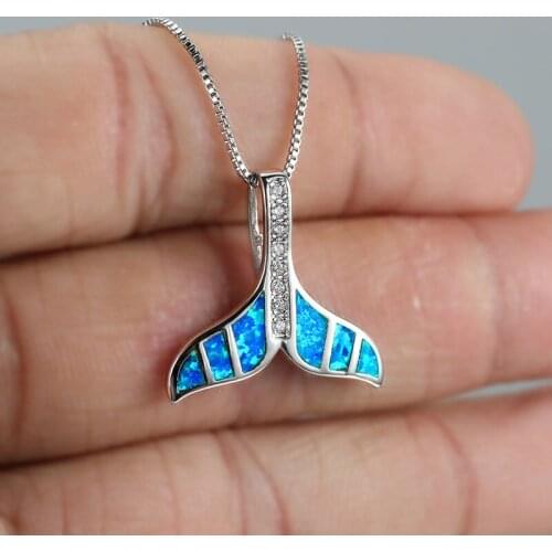 Blue Opal Crystal Stone Necklace Cute Fish Tail Pendant Necklace Vintage Silver Color Chain Necklaces For Women Wedding Jewelry