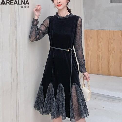 Mesh Women Lace Velvet Party Dress Sexy vintage 2020 autumn New Mesh Patchwork Fishtail Dress Long sleeve black Casual Dresses
