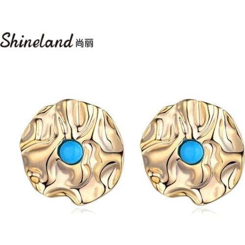 Shineland 2021 Vintage Metal Twisted Stud Earrings For Women Charm Blue Stone Gold Color Earrings Punk Jewelry Wholesale