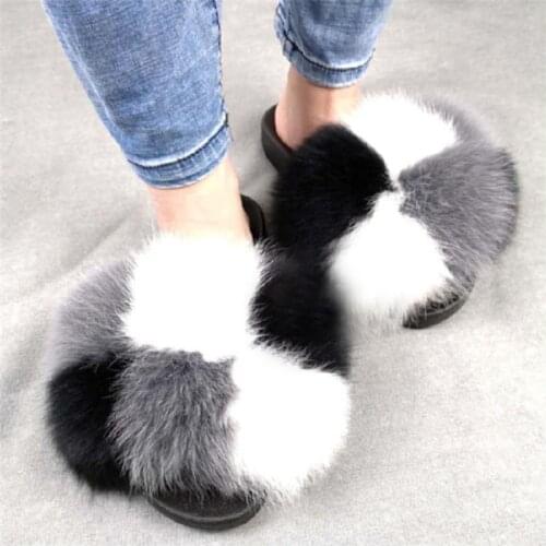 Summer Fluffy Raccoon Fur Slippers Shoes Women Real Fox Fur Flip Flop Furry Slides Outdoor Sandals Woman Amazing Shoes Wholesale