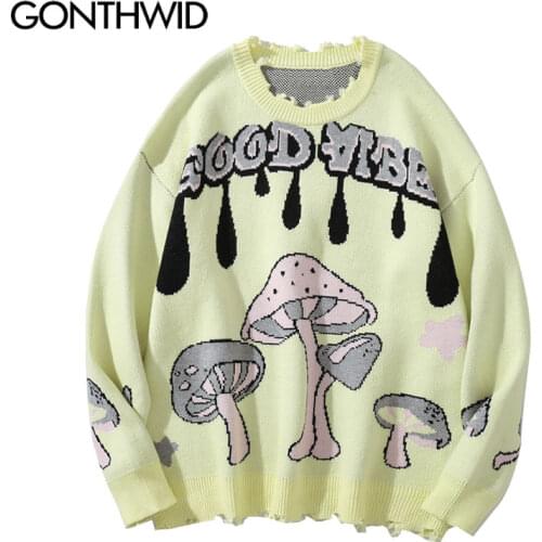 GONTHWID Harajuku Streetwear Sweaters Cartoon Mushroom Knitted Jumpers Hip Hop Casual Knitwear Mens Fashion Loose Tops Outerwear
